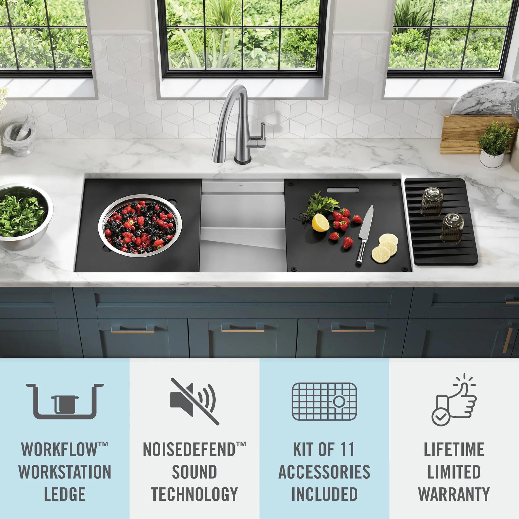 45&rdquo; Workstation Undermount Single Bowl 16 Gauge Stainless Steel Kitchen Sink with 2-Tier&nbsp;WorkFlow&trade; Ledge and Accessories